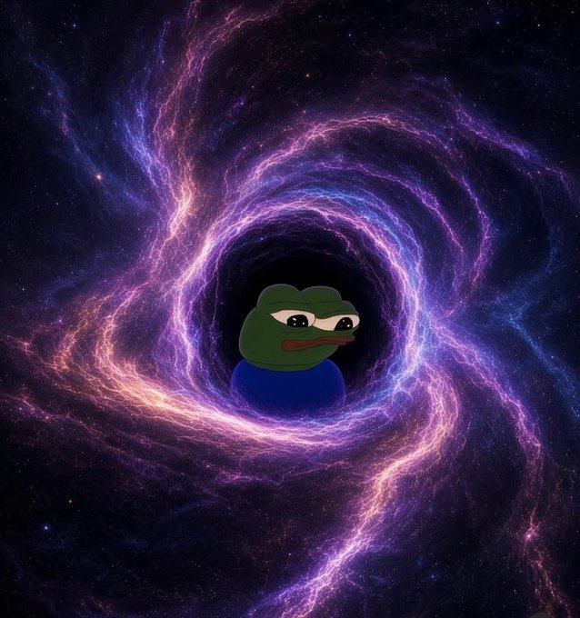 A Pepe the Frog figure wearing a blue shirt positioned at the center of a purple and pink swirling cosmic black hole against a starry background.