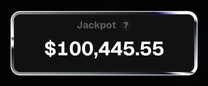 A sleek black display panel shows "Jackpot ?" at the top with the amount "$100,445.55" in large bold white text, visually representing the prize pool mentioned in the post promoting a mining game with a 1 in 625 chance per round.