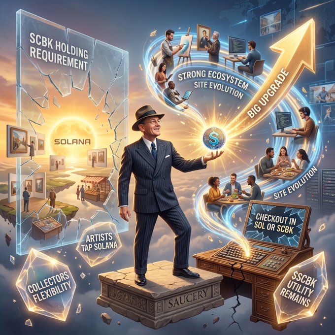 A complex digital collage or infographic featuring a man in a suit and hat holding a glowing 'S' coin, surrounded by various text elements like 'SCBK HOLDING REQUIREMENT', 'SOLANA', and 'BIG UPGRADE'.