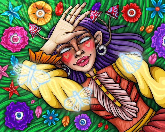 A vibrant, colorful illustration of a purple-haired woman with heart cheeks and antennae, surrounded by glowing butterflies, flowers with eyes, and mushrooms in a lush green setting.