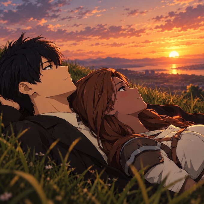 An anime-style illustration depicting a young man and woman with dark and reddish-brown hair respectively, lying together in a grassy field at sunset, gazing up at an orange-hued sky over the ocean.