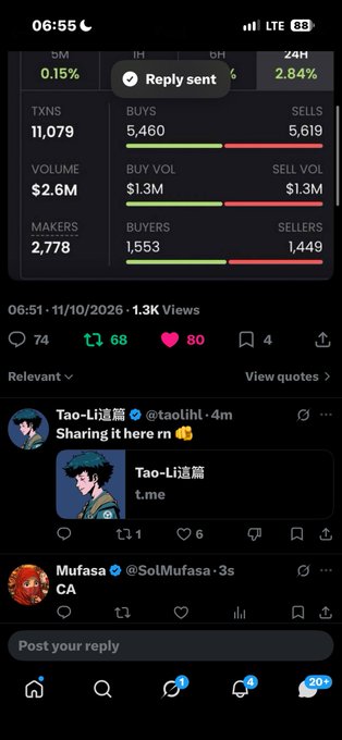 A mobile app screenshot showing market data (TXNS 11,079, Volume $2.6M) and a social feed with a 'Reply sent' notification and a post by 'Tao-Li道篇 @taolilh' sharing a link to t.me.