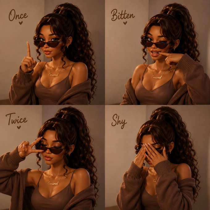 A four-panel illustration features a stylish young woman with curly hair and sunglasses in poses labeled 'Once', 'Bitten', 'Twice', and 'Shy' against a brown background.