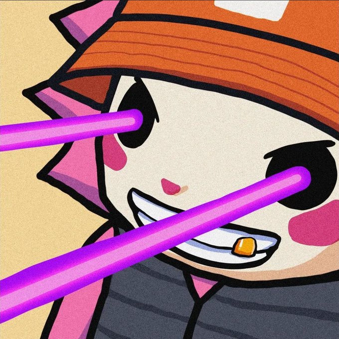 A stylized cartoon illustration of a cat-like character with a mischievous grin, wearing an orange cap, with glowing purple laser beams shooting from its eyes.
