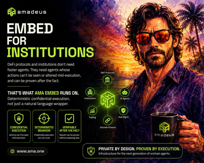 An advertisement for 'amadeus' featuring a man with curly hair and sunglasses holding a branded mug, promoting 'EMBED FOR INSTITUTIONS' for DeFi protocols with features like confidential execution and deterministic behavior, directing to www.ama.one.