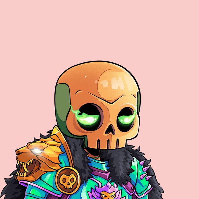 Digital cartoon artwork of a skull-headed character with glowing green eyes and a green marking on its head, wearing an ornate fantasy outfit with fur trim and a lion shoulder piece against a pink background.