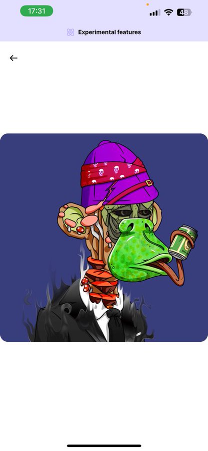 A mobile screenshot of an 'Experimental features' page displaying an illustration of a character in a purple beanie with a green frog-like face and a long tongue, holding a can.