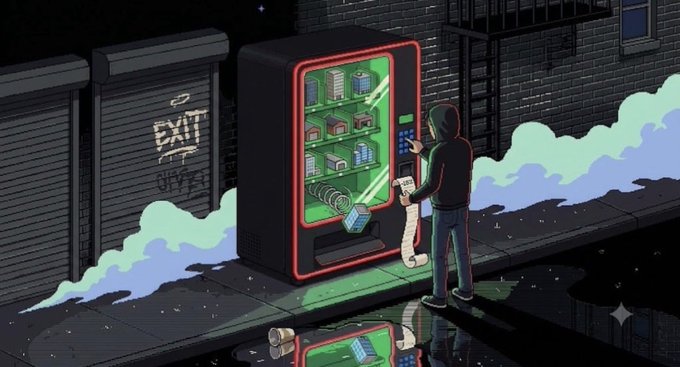 A digital illustration of a hooded figure at night interacting with a brightly lit vending machine in an alleyway, with a can on the ground and graffiti reading 'EXIT' on the wall.