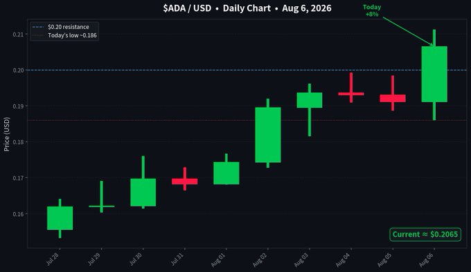 A daily candlestick chart for $ADA/USD shows a strong bullish breakout, with today's green candle surging from a low of $0.186 to spike above the $0.20 resistance level, closing at approximately $0.2065 (an 8% gain). The chart visually supports the post's claim that $ADA decisively broke through the $0.20 resistance, with the large green candle on Aug 6 confirming the bullish momentum needed to target the next level at $0.224.