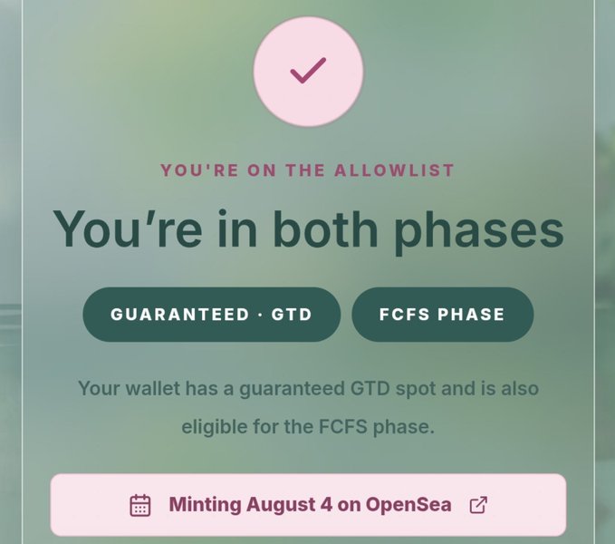 A confirmation screen stating 'YOU'RE ON THE ALLOWLIST' and 'You're in both phases' with badges for 'GUARANTEED · GTD' and 'FCFS PHASE', indicating 'Minting August 4 on OpenSea'.