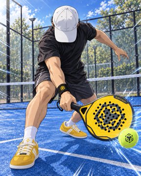 An anime-style illustration of a player in black athletic wear and a white cap lunging forward to hit a yellow perforated pickleball paddle on a blue court.