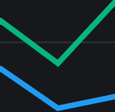 A dark-themed chart displaying two upward-trending lines, one green and one blue, forming V-shaped recovery patterns against a black background.