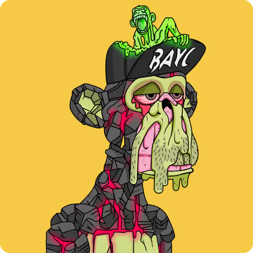 A cartoon ape character with a stitched, grungy appearance wears a black cap labeled "BAYC," with a small green zombie-like ape perched on top, set against a yellow background. The image represents a Bored Ape Yacht Club (BAYC) NFT, matching the post celebrating it as the user's first NFT purchase and a source of community and joy.