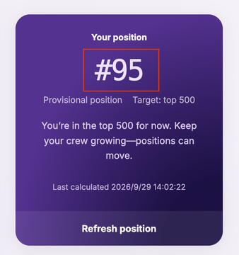 A purple dashboard card displays "Your position #95" with a red box highlighting the rank, noting "Provisional position" and "Target: top 500" with a last calculated timestamp of 2026/9/29. The image illustrates the user's current standing (rank 95) in the Legion platform's Jumper token sale, aligning with the post's discussion about managing allocation strategies and capital lock-up risks for the upcoming event.