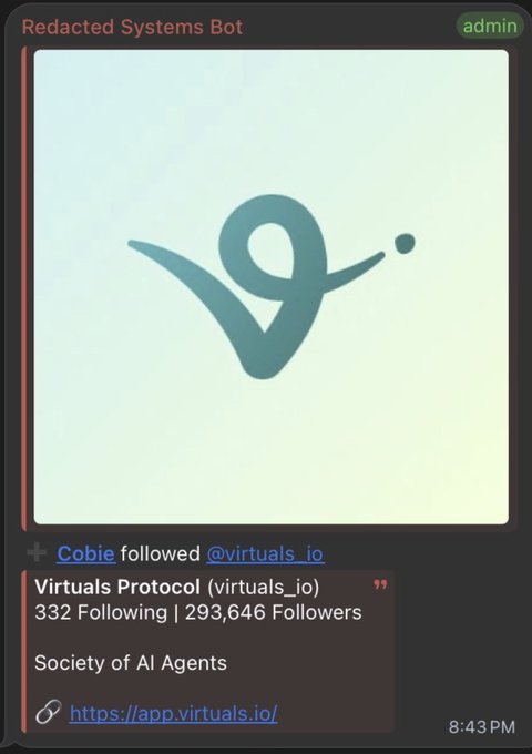 A Discord/chat interface screenshot from "Redacted Systems Bot" showing a profile card for "Virtuals Protocol (virtuals_io)" with 332 Following, 293,646 Followers, described as "Society of AI Agents" with a link to https://app.virtuals.io/.