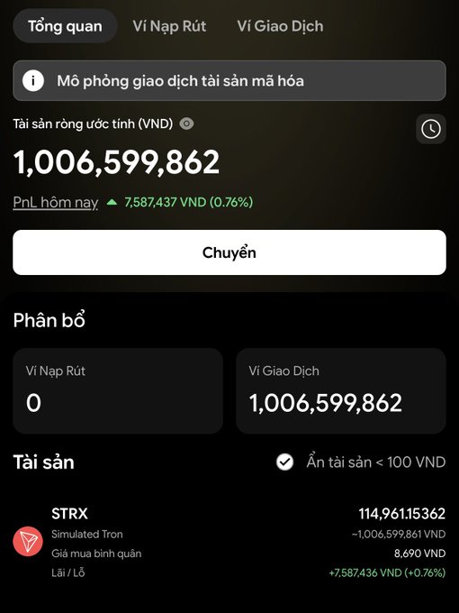 A Vietnamese cryptocurrency portfolio overview screen showing total assets valued at 1,006,599,862 VND, with a daily PnL of +7,587,437 VND (0.76%), and STRX (Simulated Tron) holdings of 114,961,153,621 tokens.