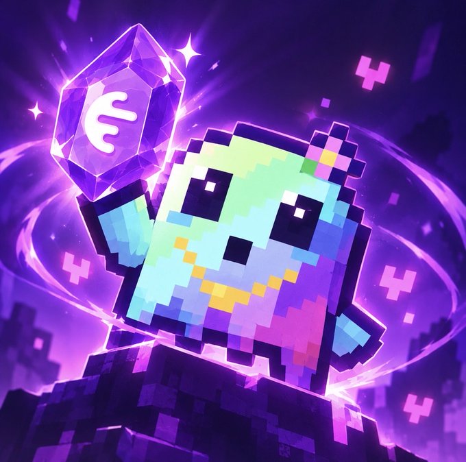 A pixel art illustration features a cute, colorful blocky creature holding a glowing purple crystal with a white symbol, set against a vibrant purple background with floating lightning bolts.