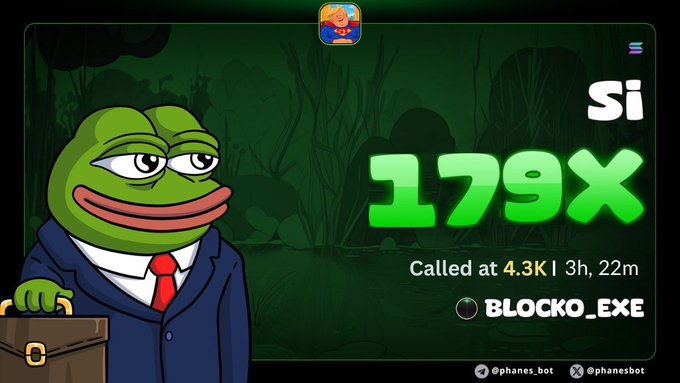 A graphic featuring a Pepe the Frog character in a business suit advertises a crypto call of '179x' called at 4.3K, shared via @phanes_bot and @phanesbot.