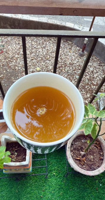 A cup of tea with a tea bag steeping in amber-colored liquid, held over a balcony railing with potted plants visible below.
