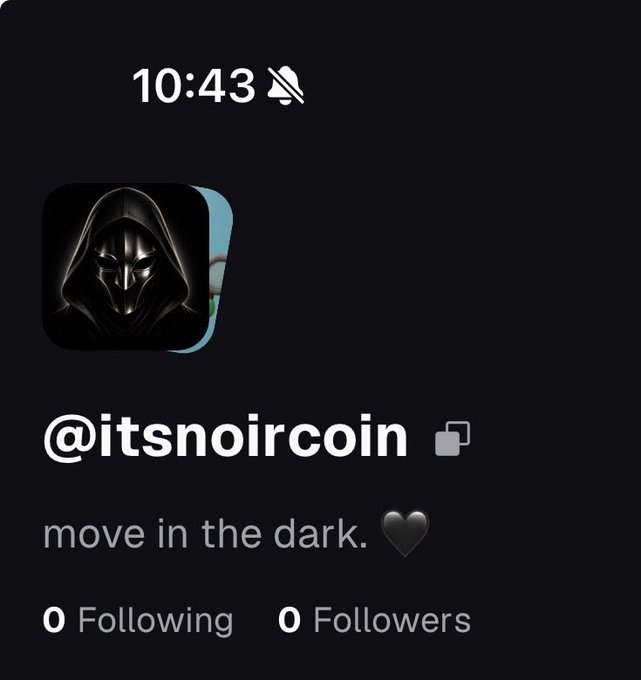 A social media profile page for '@itsnoircoin' showing a dark hooded figure avatar, the bio 'move in the dark. 🖤', and 0 Following/0 Followers, timestamped at 10:43.