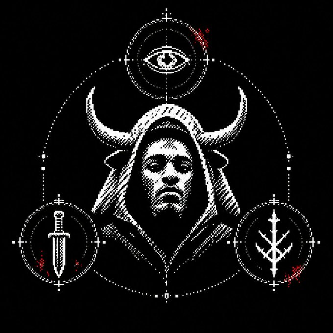 A black and white pixelated symbolic graphic featuring a horned hooded figure at the center, surrounded by circular motifs containing an all-seeing eye, a sword, and a stylized tree/branch symbol, with subtle red accent marks.
