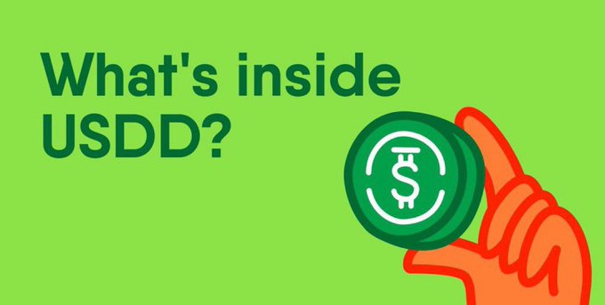 A green graphic reading 'What's inside USDD?' with an illustrated hand holding a green USDD token.