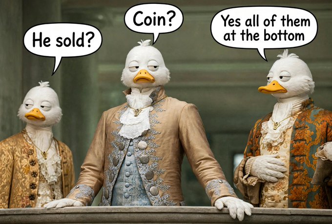 Meme image showing three white ducks dressed in ornate historical suits, with speech bubbles reading 'He sold?', 'Coin?', and 'Yes all of them at the bottom,' referencing crypto investors selling at market lows.