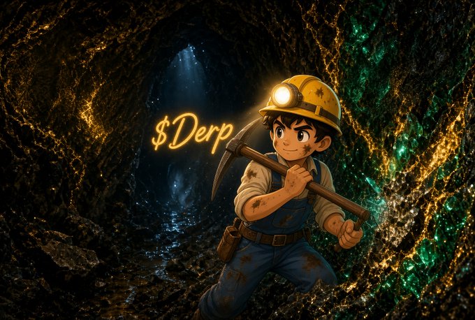 An anime-style illustration of a young miner wearing a yellow hard hat with a light, holding a pickaxe inside a glowing cave, with the text '$Derp' floating nearby.