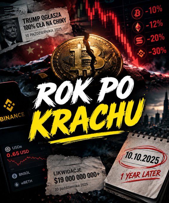 A Polish-language graphic titled 'ROK PO KRACHU' (One Year After the Crash) dated 10.10.2025 depicts a cracked Bitcoin with falling crypto charts. It includes references to 'TRUMP OGŁASZA 100% CŁA NA CHINY', Binance, and shows BNB down 12%, SOL down 20%, and BNB down 30%, with liquidations exceeding $19,000,000,000.