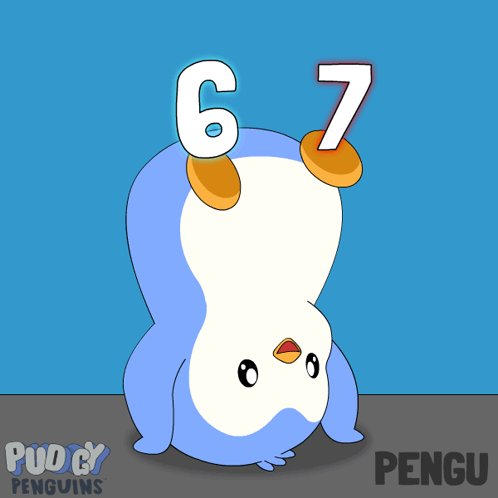 The image features a cartoon penguin standing upright with its feet raised up, as if it's doing a handstand or balancing act. The background of the image is blue, which complements the penguin's color scheme. There are two numbers written on the image, one in white and the other in black, positioned above the penguin's head. These numbers appear to be related to the post that says "Gm and Happy 6/7!".