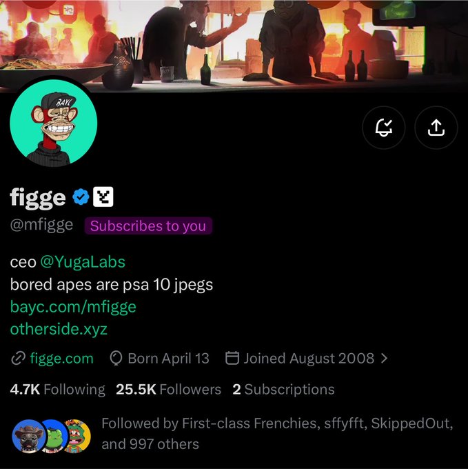 A Twitter profile page for user "figge" (@mfigge), described as "ceo @YugaLabs" with 25.5K followers, featuring a Bored Ape-style NFT avatar.