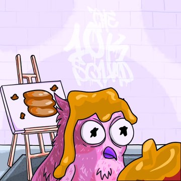 A cartoon purple bird-like character covered in yellow paint or honey, standing next to an easel displaying a painting of poop, with graffiti reading 'The A$$ Squad' on the wall behind.