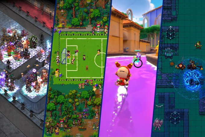 A composite image showcasing four distinct video game environments—including a dark fantasy battle scene, a vibrant soccer match on a forested field, a whimsical character running through a colorful town, and a dungeon crawler with magical effects—illustrating the diversity of game concepts emerging from the Ronin Builders community. The collage visually represents the message that every great game begins with an idea, highlighting the variety of prototypes developers are building within the Ronin ecosystem.