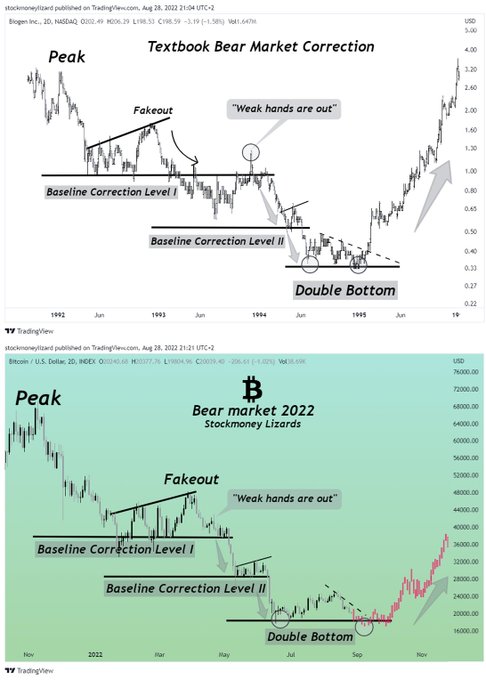 The image presents a chart for two different market trends, one being Bitcoin and another being bear markets. The chart shows the peaks and troughs of these market trends over time. There are various peaks labeled with "bear" and troughs labeled with "peak", indicating when they were at their highest or lowest points in relation to each other. The post also includes text that describes how it related Bitcoin to the bears in the chart, further highlighting a connection between the two markets.
