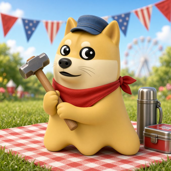 A 3D illustration of a cute, round dog-like character wearing a denim cap and red bandana, holding a hammer at an outdoor picnic setting with a red and white checkered blanket, patriotic bunting, and a thermos.