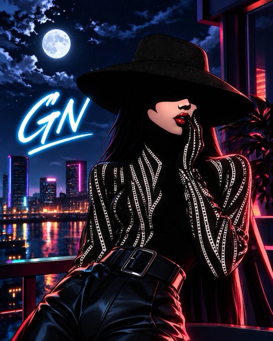 An illustrated cyberpunk-style woman wearing a black wide-brimmed hat and black-and-white striped blazer poses against a nighttime cityscape with a neon 'GN' sign and full moon.