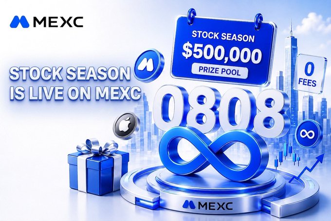 A promotional banner for MEXC's 'STOCK SEASON' campaign, advertising a $500,000 prize pool with 0 fees and featuring an infinity symbol and the number 0808.