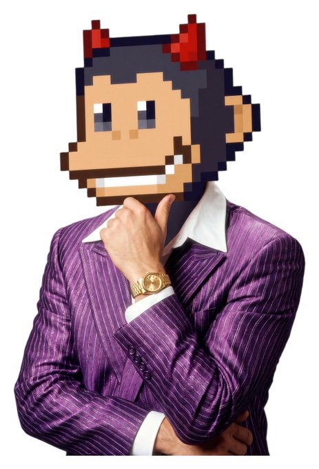 A creative image featuring a person wearing a purple pinstripe suit and gold watch, but their head is replaced with a pixelated, 8-bit style character face with red horns.