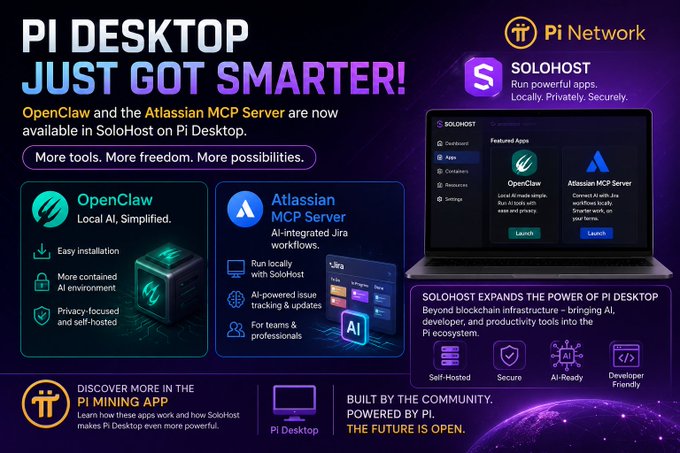 A promotional graphic announces "PI DESKTOP JUST GOT SMARTER!" featuring OpenClaw and the Atlassian MCP Server now available in SoloHost on Pi Desktop, powered by Pi Network.