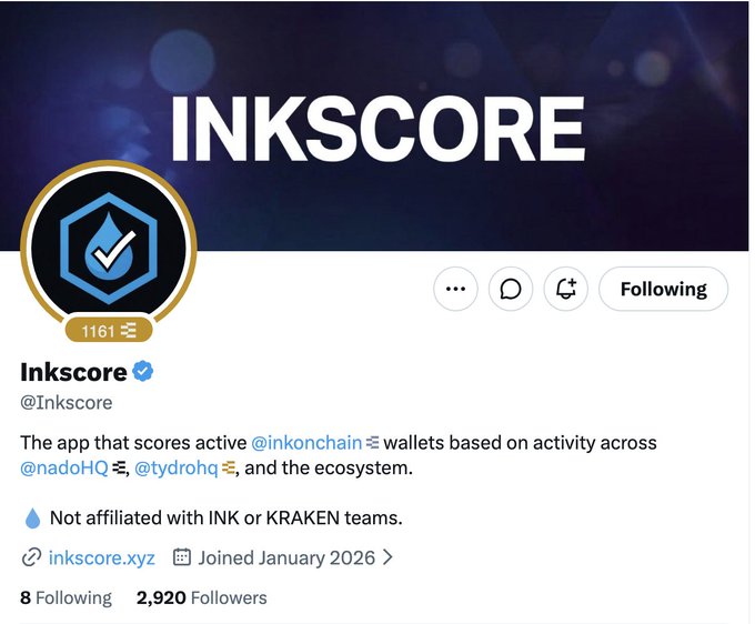 A profile page for the verified Twitter/X account 'Inkscore' (@Inkscore), describing it as 'The app that scores active @inkonchain wallets' with 2,920 followers.