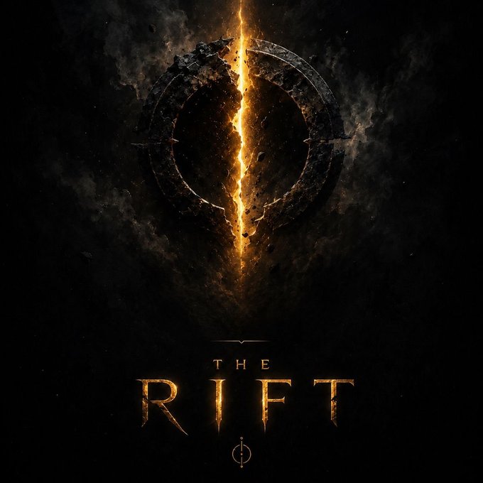 Dark fantasy key art for "THE RIFT" featuring a massive stone ring split in half by a glowing fissure of fire and debris, with the title in fiery gold lettering—evoking the ominous "something crossed over" line from the accompanying whitelist announcement.