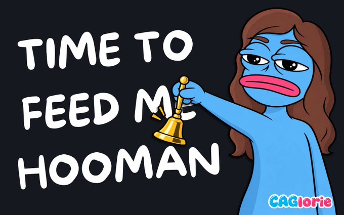 A cartoon illustration shows a blue character ringing a bell next to the text "TIME TO FEED ME HOOMAN" with a "CAGlorie" logo.