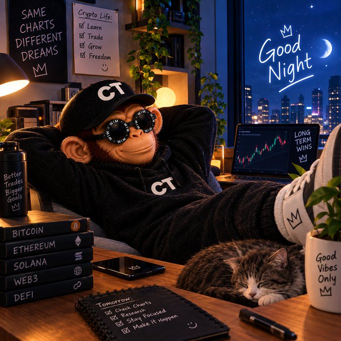 A stylized image of a chimpanzee wearing sunglasses and a 'CT' cap lounges in a chair, surrounded by crypto-themed items like a 'Crypto Life' checklist, stacked cryptocurrency books (Bitcoin, Ethereum, Solana, Web3, DeFi), and a trading chart.