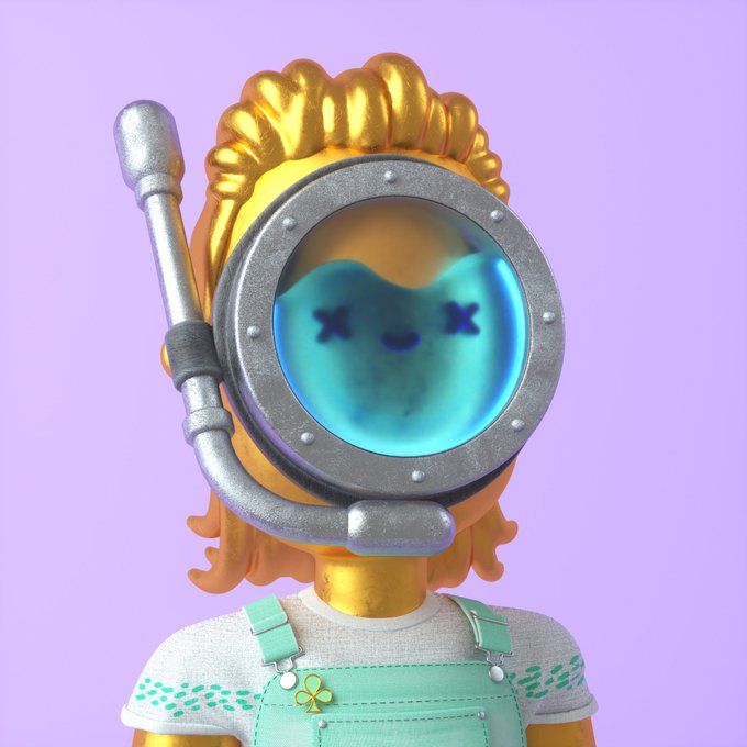 A person wearing a silly metal helmet shaped like a diving mask, goggles, and flotation vest standing next to purple balloons that say " Dive into GVC! Need Only One GVC and $69,000 !" Good Vibes Club For Life!". The image is in good focus with a clear depiction of the details.