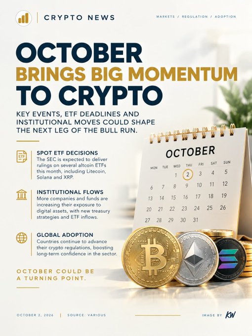 A 'CRYPTO NEWS' infographic dated October 2, 2024, headlined 'OCTOBER BRINGS BIG MOMENTUM TO CRYPTO,' featuring a desk calendar and physical Bitcoin, Ethereum, and Solana coins.