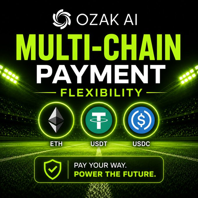 A promotional graphic for OZAK AI advertising 'MULTI-CHAIN PAYMENT FLEXIBILITY' with cryptocurrency icons for ETH, USDT, and USDC, and the tagline 'PAY YOUR WAY. POWER THE FUTURE.' on a neon green stadium background.