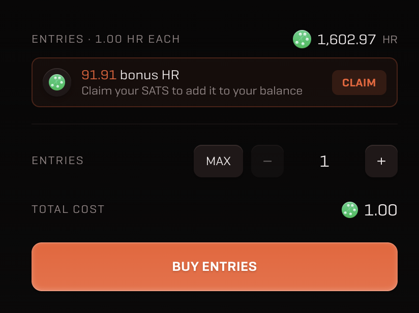 A dark-themed app interface displays '1,602.97 HR' balance with a '91.91 bonus HR' claim option, an entry selector set to 1, and a 'BUY ENTRIES' button.