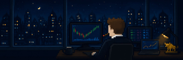 Pixel art depicts a person in a suit sitting at a desk with multiple monitors showing trading charts, looking out a window at a nighttime cityscape.