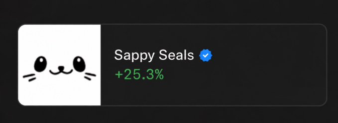 A simple widget or icon showing a cute seal face logo next to the text 'Sappy Seals' with a verified blue checkmark and a green '+25.3%' gain indicator.