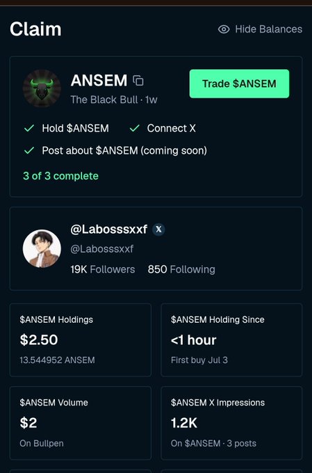 A crypto token claim interface for '$ANSEM' showing completion of 3/3 tasks (hold, connect X, post), with holdings of $2.50 (13.544952 ANSEM) for user @Labosssxxf.
